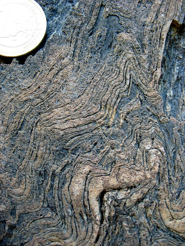 Metamorphic rock, deformed during the Variscan orogeny, at Vall de Cardós, Lérida, Spain
