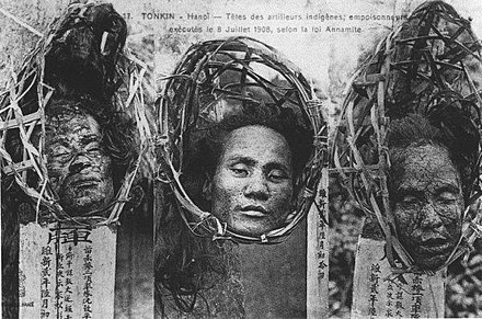 The heads of Duong Be, Tu Binh and Doi Nhan decapitated by the French on July 8, 1908 in the Ha Thanh Poisonning