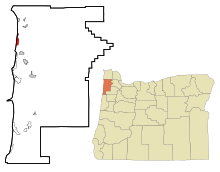 Tillamook County Oregon Eingemeindete und nicht eingetragene Gebiete Rockaway Beach Highlighted.svg