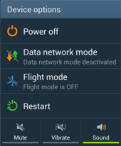 "Device options" menu of Samsung Mobile's TouchWiz user interface as of 2013, accessed by holding the power button for a second TouchWiz 2013 device options.png