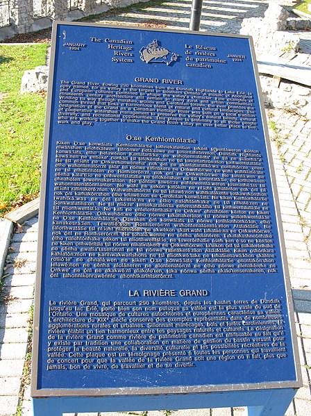 File:Trilingual plaque on the Grand River, Cambridge, Ontario.jpg