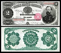 Obverse and reverse of an 1891 two-dollar Treasury Note