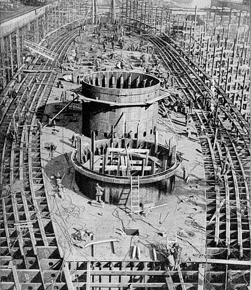 USS Maryland under construction in 1917, showing the forward two barbettes without the gun turrets installed