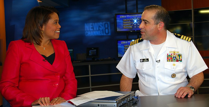 File:US Navy 090521-N-9268E-094 Capt. Ken Barrett, head of the Navy Diversity Directorate, speaks with Channel 8 News anchor Beverly Kirk about the Navy Career Intermission Pilot Program.jpg