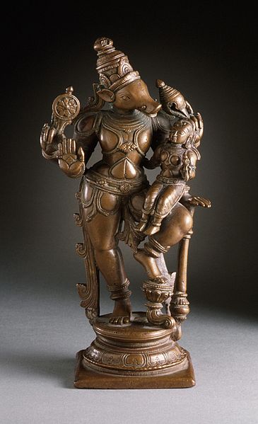 Varaha with his consort Bhudevi, copper sculpture from Tamil Nadu. c. 1600.