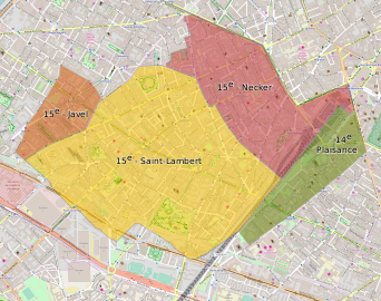 Répartition du territoire communal en 1859 entre les quartiers administratifs parisiens.