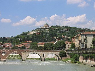 Adige river and Ponte Pietra in Verona.