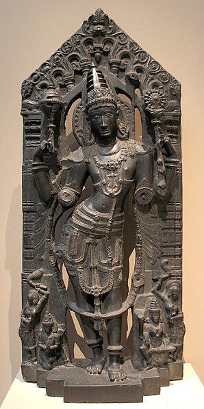 Vishnu with his mount, Garuda, his consort, Lakshmi, and attendants, 12-13th century, Kakatiya period. Kalyani region, Andhra Pradesh, India