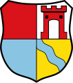 Gemeinde Durach Geviert; 1: Rot, 2: in Silber ein roter Torturm, 3: Blau, 4: in Gold ein schräger blauer Wellenbalken.