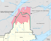 Disputed territory between British North America and Maine marked in pink. The dispute was settled in the Webster-Ashburton Treaty in 1848. The teal line on the map marks the final border. Webster-Ashburton treaty map-en.svg