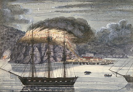 Hulme burns Otuihu whilst Pōmare is held on board HMS North Star, 30 April 1845. Artist: John Williams, 58th Regt, 1845. Alexander Turnbull Library