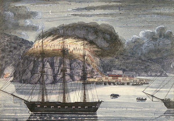 HMS North Star destroying Pomare's Pā, 1845. Painting by John Williams.