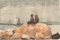 Two boys watching schooners, 1880