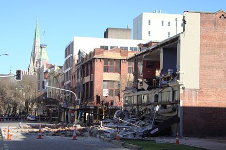 Building damage in Worcester Street, corner Manchester Street, with ChristChurch Cathedral in the background. (September 2010)