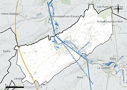 Carte en couleur présentant le réseau hydrographique de la commune