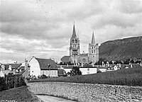 Façade occidentale de la cathédrale Notre-Dame et Saint-Privat et maisons environnantes, Mende, 1888