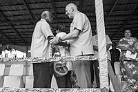 Solomon Islands Prime Minister Manasseh Sogavare greeting Australian Governor-General Peter Cosgrove at ceremonies marking the end of the RAMSI mission, June 28, 2017. 11. RAMSI (PM Sogavare shaking hands with GG) (32015117488).jpg