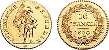 16 franc gold coin of the Helvetic Republic (1800) 16 Franken 1800 HR 681735.jpg