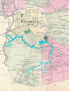An 1873 map of Queens showing the route of Kissena Creek (blue) and the Central Railroad.