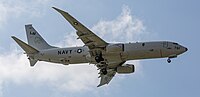 A Boeing P-8 Poseidon, tail number 168761, on final approach at Kadena Air Base in Okinawa, Japan. It is assigned to Patrol Squadron 45 (VP-45) at NAS Jacksonville, Florida, United States.