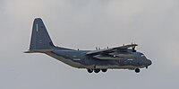 A US Air Force MC-130J Commando II, tail number 10-5714, on final approach at Kadena Air Base in Okinawa, Japan. It is assigned to the 1st Special Operations Squadron at Kadena AB.