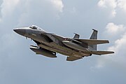 An F-15C Eagle, tail number 86-0163, taking off from RAF Lakenheath in the United Kingdom. The aircraft is assigned to the 493rd Fighter Squadron in the United States Air Force.