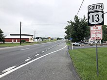 US 13 southbound in Greenwood 2022-07-07 09 09 47 View south along U.S. Route 13 (Sussex Highway) at Delaware State Route 16 and Delaware State Route 36 (East Market Street) in Greenwood, Sussex County, Delaware.jpg