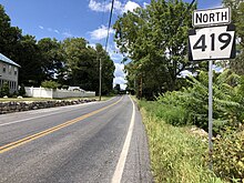PA Route 419 North in Tulpehocken Township 2022-08-16 13 40 31 View north along Pennsylvania State Route 419 (Rehrersburg Road) at School Road in Tulpehocken Township, Berks County, Pennsylvania.jpg