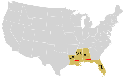 In the United States, the 31st parallel defines part of the border between Mississippi and Louisiana, and part of the border between Alabama and Florida. 31st parallel US.svg