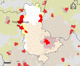 Localização da área de atração de Thizy-les-Bourgs no distrito eleitoral departamental do Ródano.