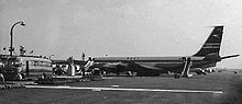 BOAC Boeing 707-400 at Heathrow Airport in 1960 707, Heathrow, 1960 (299296385).jpg