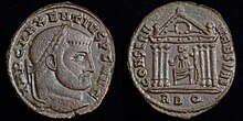 Bronze follis struck by Maxentius in Rome 308 - 310 AD. This coin is commemorating the reconstruction of the temple of Roma following the fire in 307 AD. Roma holding globe and sceptre seated within hexastyle temple with shield on the ground is depicted on the reverse. AE follis of Maxentius.jpg