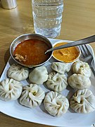 A plate of chicken momos with soup in Janakpur, Nepal