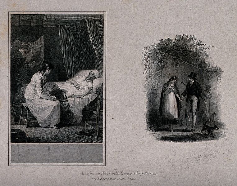 File:A woman sitting by the bed of a dying man. Engraving by C. W Wellcome V0042274.jpg