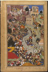 Mughal Emperor Akbar shoots the Rajput warrior Jaimal during the Siege of Chittorgarh in 1568 Akbar shoots Jaimal at the siege of Chitor.jpg