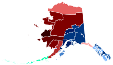 Map of the largest racial/ethnic group by borough. Red indicates Native American, blue indicates non-Hispanic white, and green indicates Asian. Darker shades indicate a higher proportion of the population. Alaska racial and ethnic map.svg