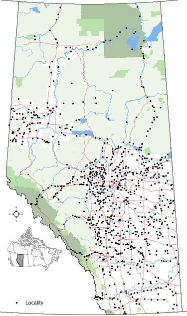 Distribution of the 864 localities in Alberta's Geographical Names System Alberta Localities.png