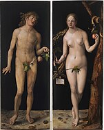 阿尔布雷希特·杜勒的《亚当和夏娃》，两幅均为209 × 81cm，约绘于1507年，1827年始藏，来自腓力四世的收藏[22]