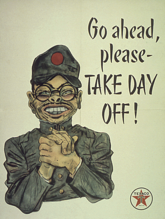 太平洋戦争中にアメリカで作成されたポスターに描かれた、出っ歯でメガネをかけた日本人