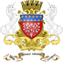 vue d'un blason entouré de deux licornes cabrées