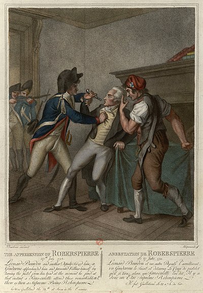 De arrestatie van Robespierre, die een pistool voor zijn mond houdt