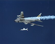 A Boeing X-43 being air launched from under the wing of a B-52 Stratofortress. B-52B with X43.jpg