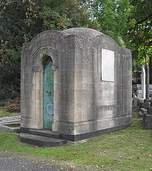 The Grade II-listed Baldwin family tomb takes the form of a Byzantine Revival mausoleum. Baldwin Mausoleum at Brighton Extramural Cemetery (IoE Code 482025).jpg