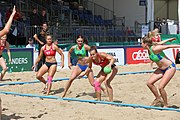 Deutsch: Beachhandball Europameisterschaften 2019 (Beach handball Euro); Tag 2: 3. Juli 2019 – Frauen, Vorrunde Gruppe D, Ukraine-Deutschland 2:0 (23:22, 32:24) English: Beach handball Euro; Day 2: 3 July 2019 – Women Preliminary Round Group D – Ukraine-Germany 2:0 (23:22, 32:24)