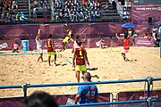 Deutsch: Beachhandball bei den Olympischen Jugendspielen 2018; Tag 4, 10. Oktober 2018; Jungs, Vorrunde, Gruppe A - Spanien-Venezuela 2:0 English: Beach handball at the 2018 Summer Youth Olympics at 10 October 2018 – Boys Preliminary Round Group A – Spain-Venezuela 2:0