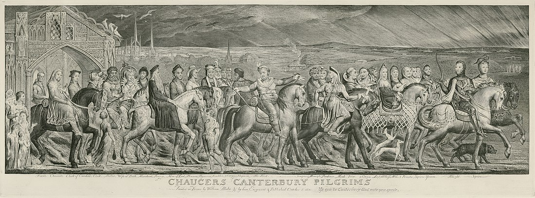 William Blake, The Canterbury Pilgrims, kopergravure gedrukt op papier (ca. 1820-23).