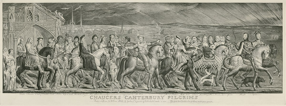 William Blake's The Canterbury Pilgrims with The Host in the middle Blake Canterbury Pilgrims engraving.jpg
