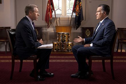 Brian Williams interviews Mitt Romney on July 25, 2012, during Romney's presidential campaign.