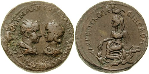 Tyche on the reverse of this base metal coin by Gordian III (r. 238 – 244 AD)