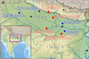 A map showing Lumbini and other major Buddhist sites in India. Lumbini (present-day Nepal), is the birthplace of the Buddha, and is also a holy place for many non-Buddhists. Buddhist pilgrimage sites in India.svg